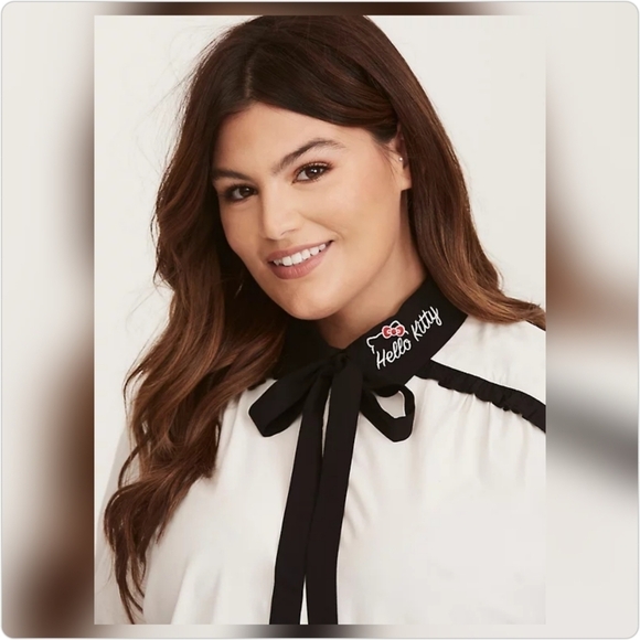 *HELLO KITTY EMBROIDERED TIE FRONT BUTTON BLOUSE - Picture 4 of 4